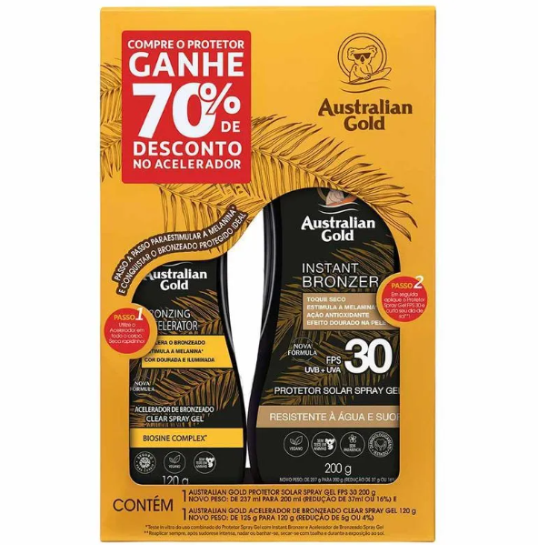 Kit Australian Gold Protetor Solar Corporal FPS 30 237ml + Bronzeador Dark Tanning Clear 125ml